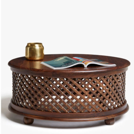 Sheesh Wooden Round Jali Teapoy Coffee Table (Teak)