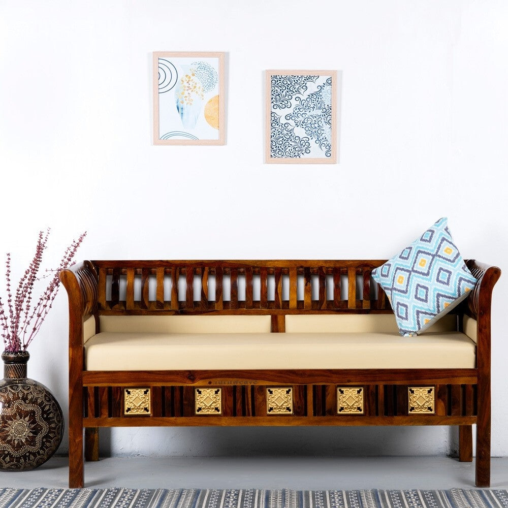 Kikasa Wooden Three Seater Sofa Diwan (Teak Finish)