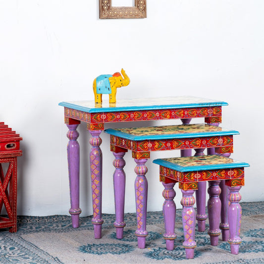 Gulmohar Wooden Handpainted Tables (Set of Three)