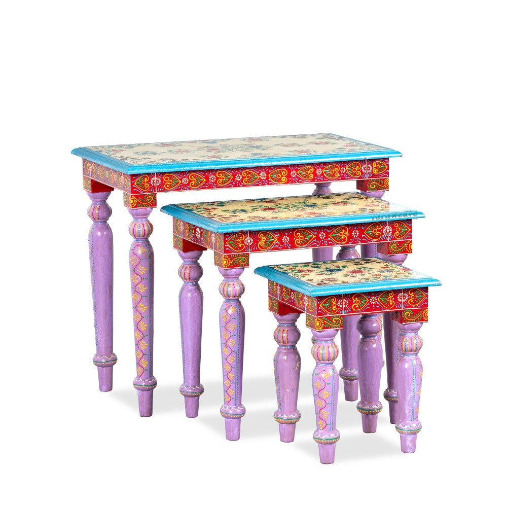 Gulmohar Wooden Handpainted Tables (Set of Three)