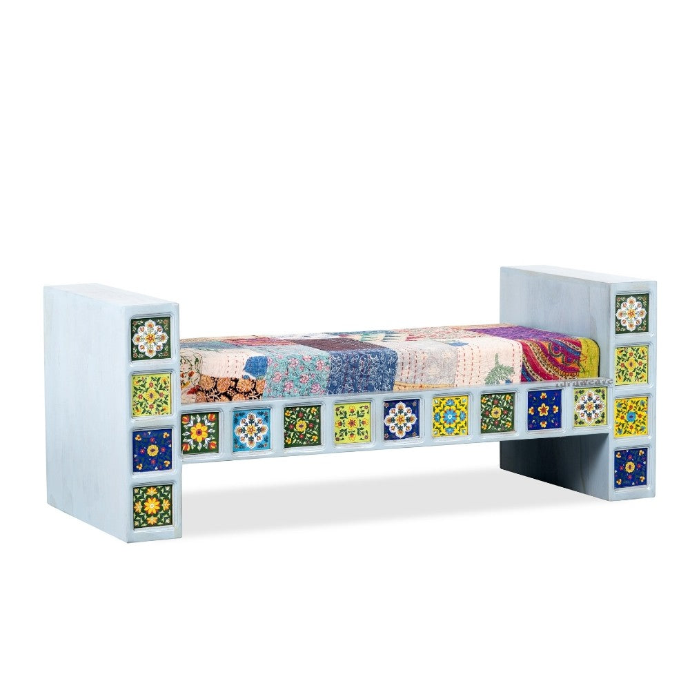 Mohan Wooden Tile Mosaic Sofa with Patchwork Cushion (Light Blue)