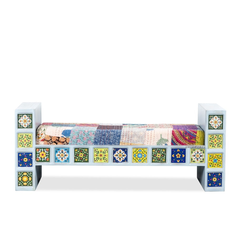 Mohan Wooden Tile Mosaic Sofa with Patchwork Cushion (Light Blue)