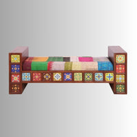 Mohan Wooden Tile Mosaic Sofa with Patchwork Cushion (Honey)