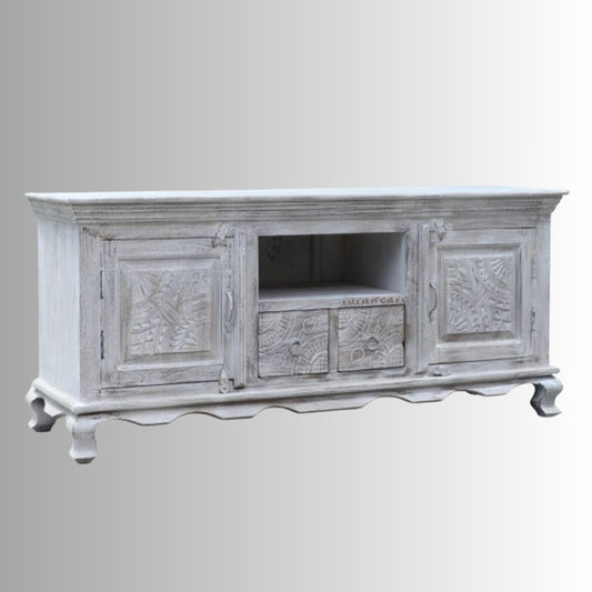 Freida Wooden Carved Antique TV Cabinet (White Distress)