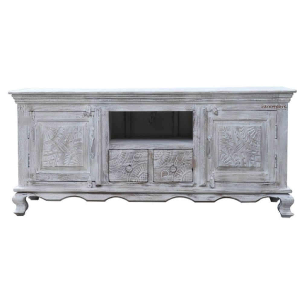 Freida Wooden Carved Antique TV Cabinet (White Distress)