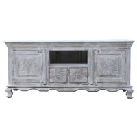 Freida Wooden Carved Antique TV Cabinet (White Distress)