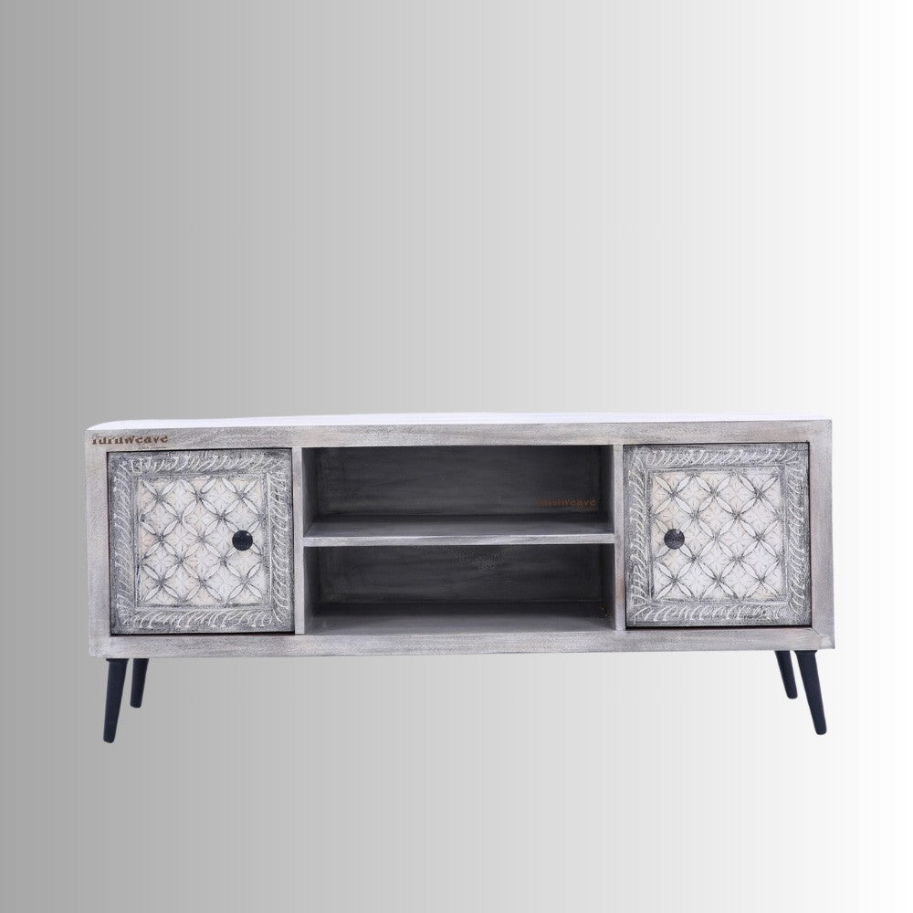 Sike Wooden Carved Tv Cabinet (White Distress)