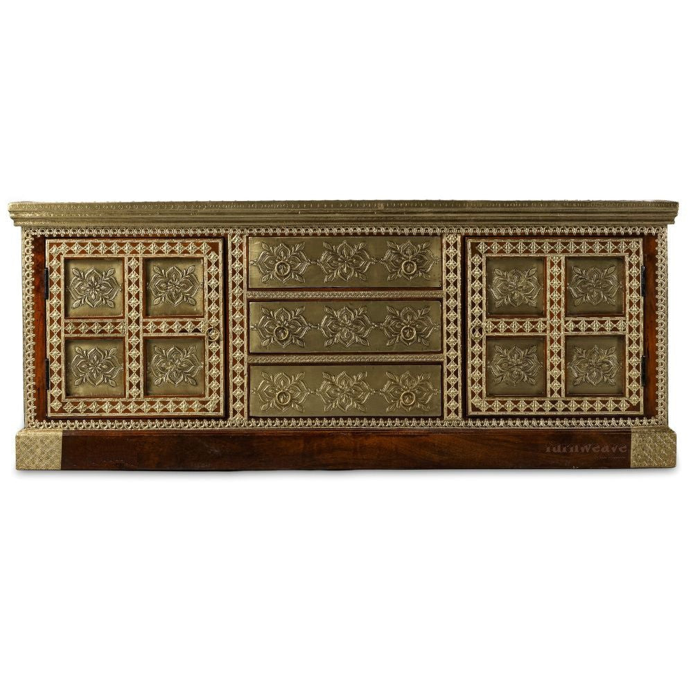 Hunika Wooden Brass Fitted Antique TV Unit (Teak)