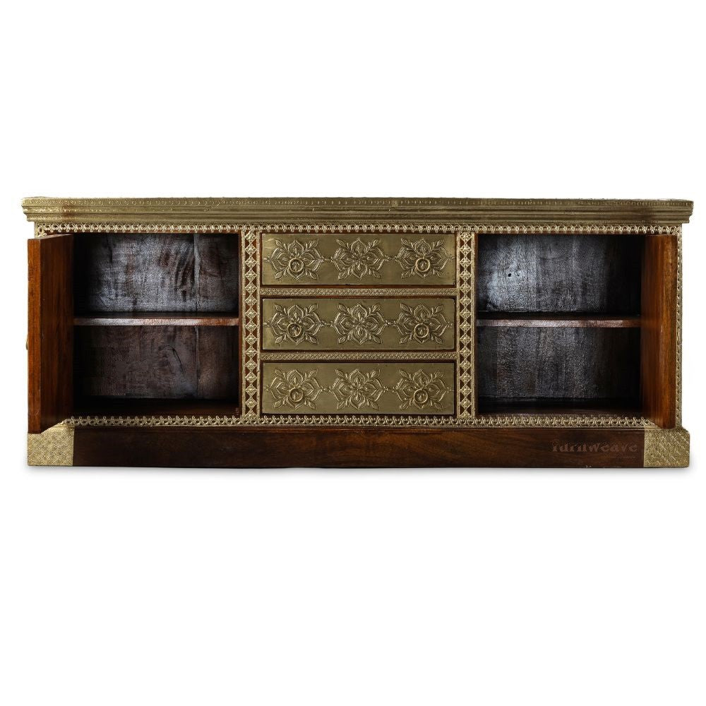 Hunika Wooden Brass Fitted Antique TV Unit (Teak)