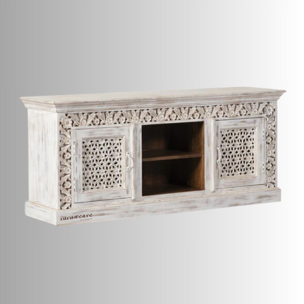 Tiku Wooden Carved Tv Cabinet (White Distress)