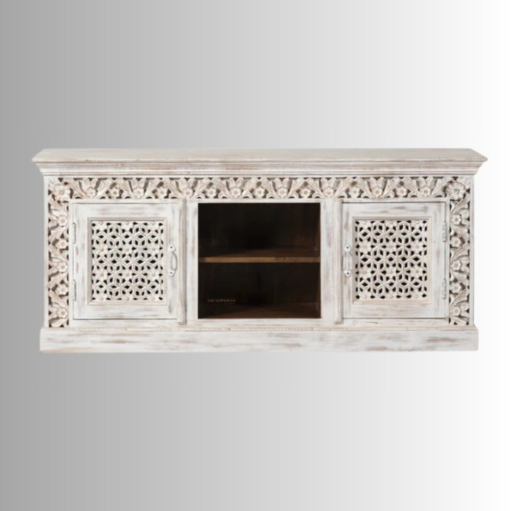 Tiku Wooden Carved Tv Cabinet (White Distress)