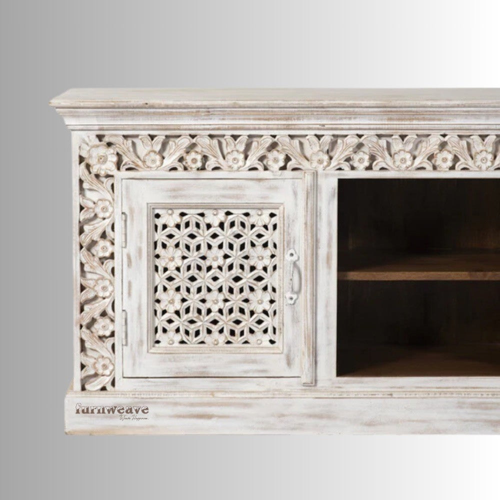 Tiku Wooden Carved Tv Cabinet (White Distress)