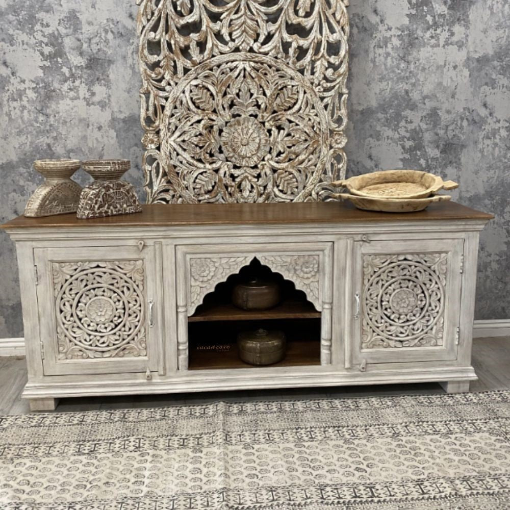 Samip Wooden Carved Tv Unit Cabinet (Light Grey)