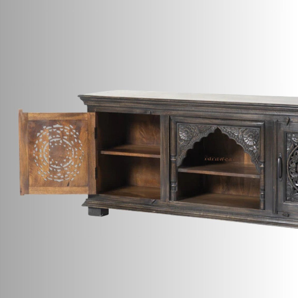 Samip Wooden Carved Tv Unit Cabinet (Dark Grey Distress)