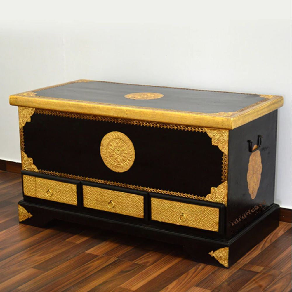 Jade Wooden Brass Fitted Storage Pitara Trunk (Black)