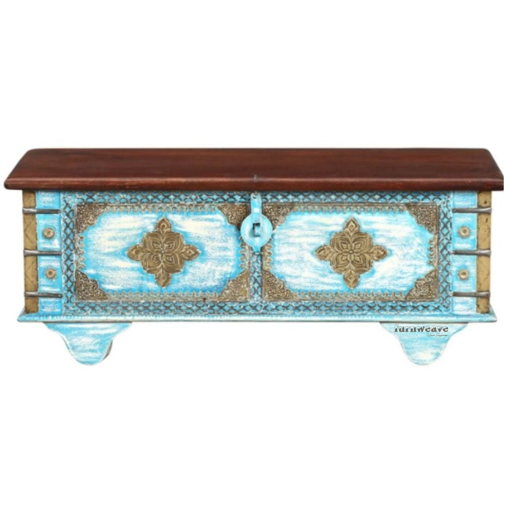 Jave Wooden Storage Trunk cum Coffee Table (Light Blue Distress)