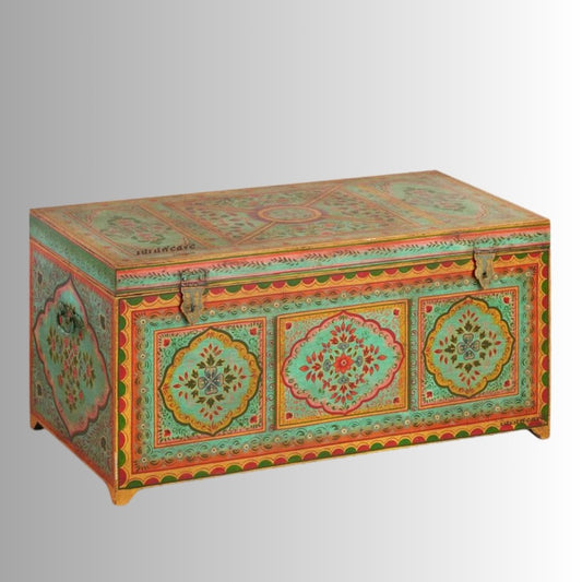 Fulero Wooden Handpainted Coffee Table Trunk Pitara | wood coffee table online | wooden trunk box | Furnweave