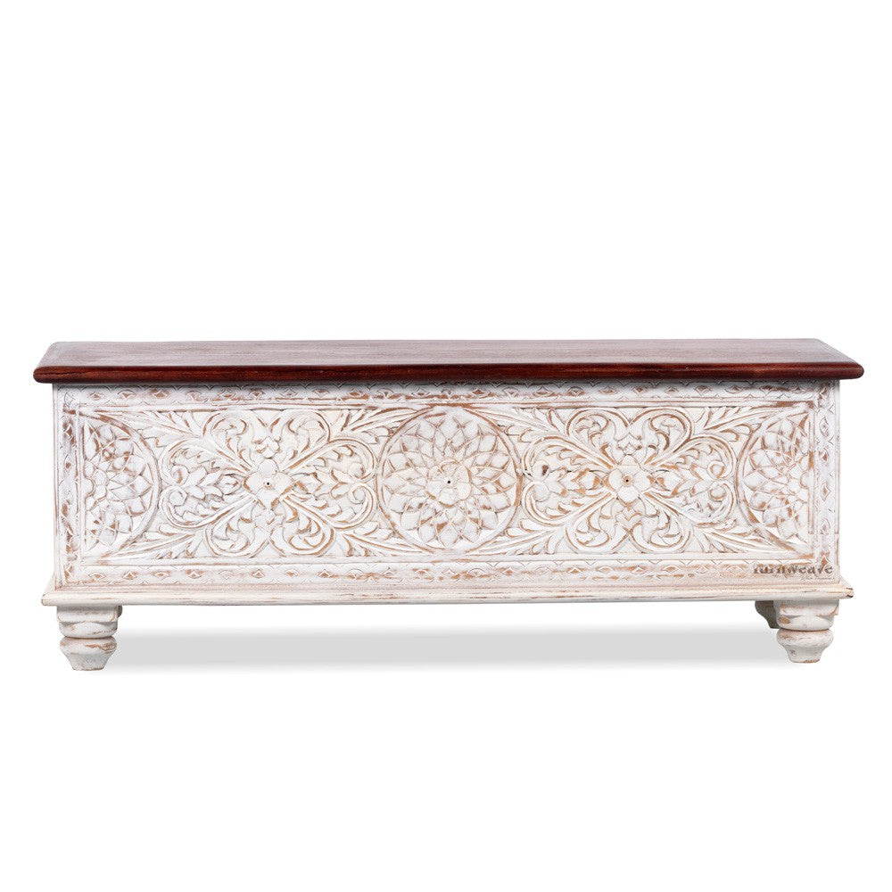 Wifo Wooden Carved Storage Coffee Table Trunk (White and Brown Top)