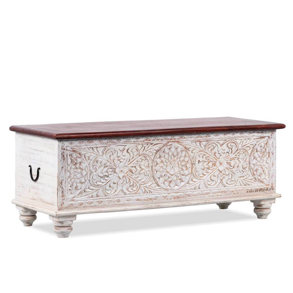 Wifo Wooden Carved Storage Coffee Table Trunk (White and Brown Top)