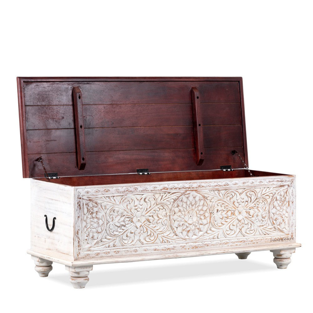 Wifo Wooden Carved Storage Coffee Table Trunk (White and Brown Top)