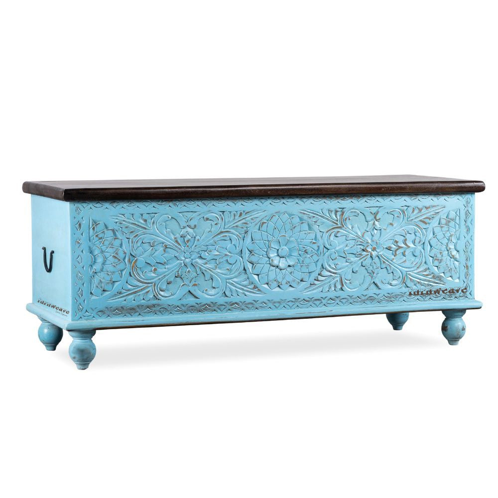 Wifo Wooden Carved Storage Coffee Table Trunk (Blue Distress and Brown Top)