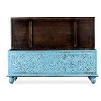 Wifo Wooden Carved Storage Coffee Table Trunk (Blue Distress and Brown Top)