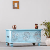 Devin Wooden Carved Storage Trunk Cum Coffee Table (LightBlue Distress)