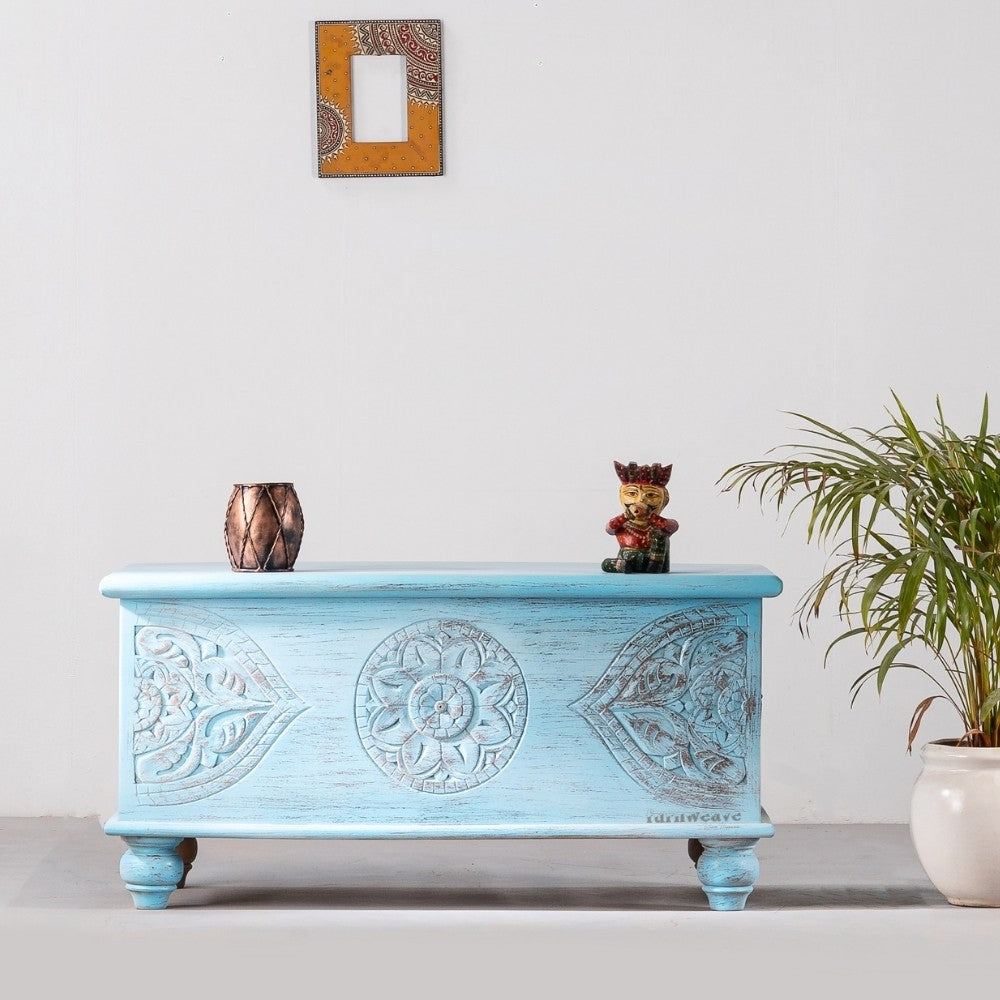 Devin Wooden Carved Storage Trunk Cum Coffee Table (LightBlue Distress)