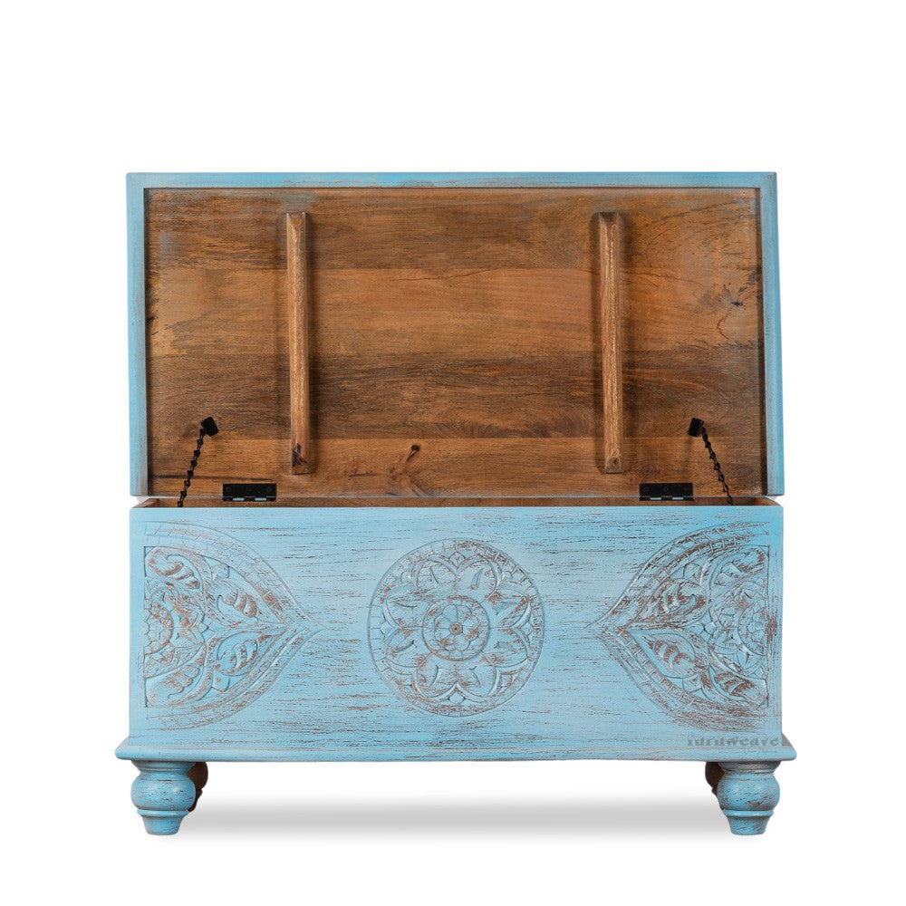 Devin Wooden Carved Storage Trunk Cum Coffee Table (LightBlue Distress)