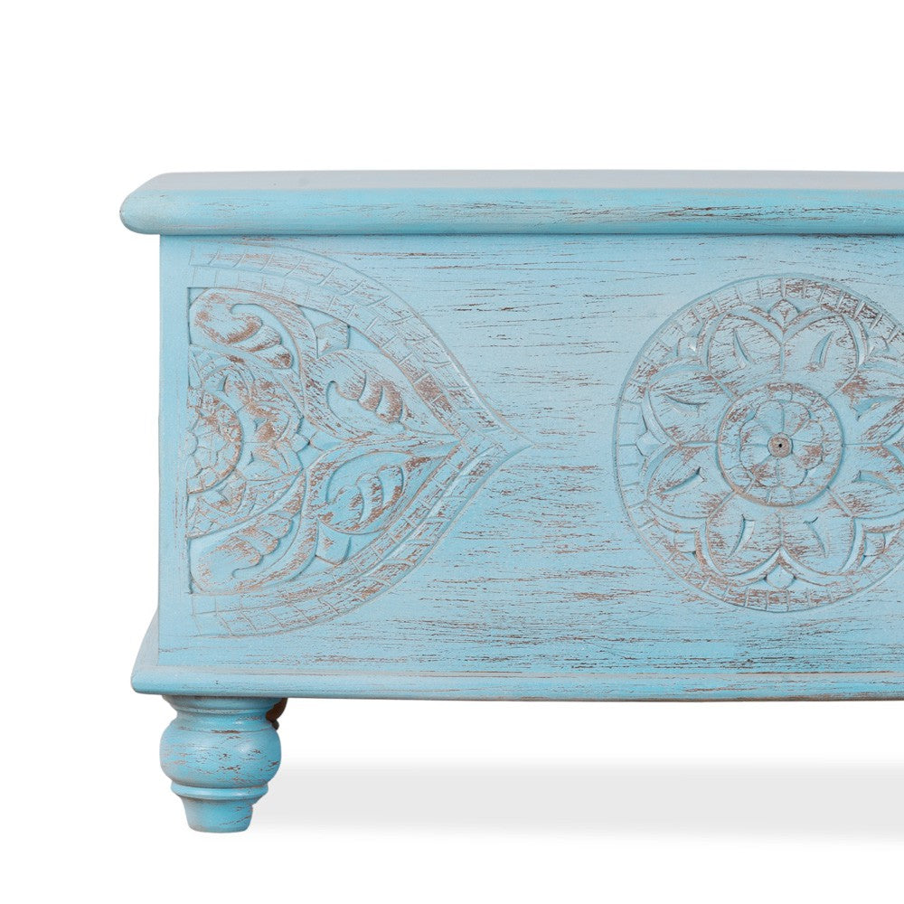 Devin Wooden Carved Storage Trunk Cum Coffee Table (LightBlue Distress)