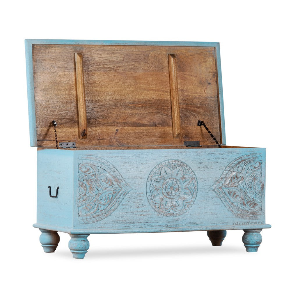 Devin Wooden Carved Storage Trunk Cum Coffee Table (LightBlue Distress)