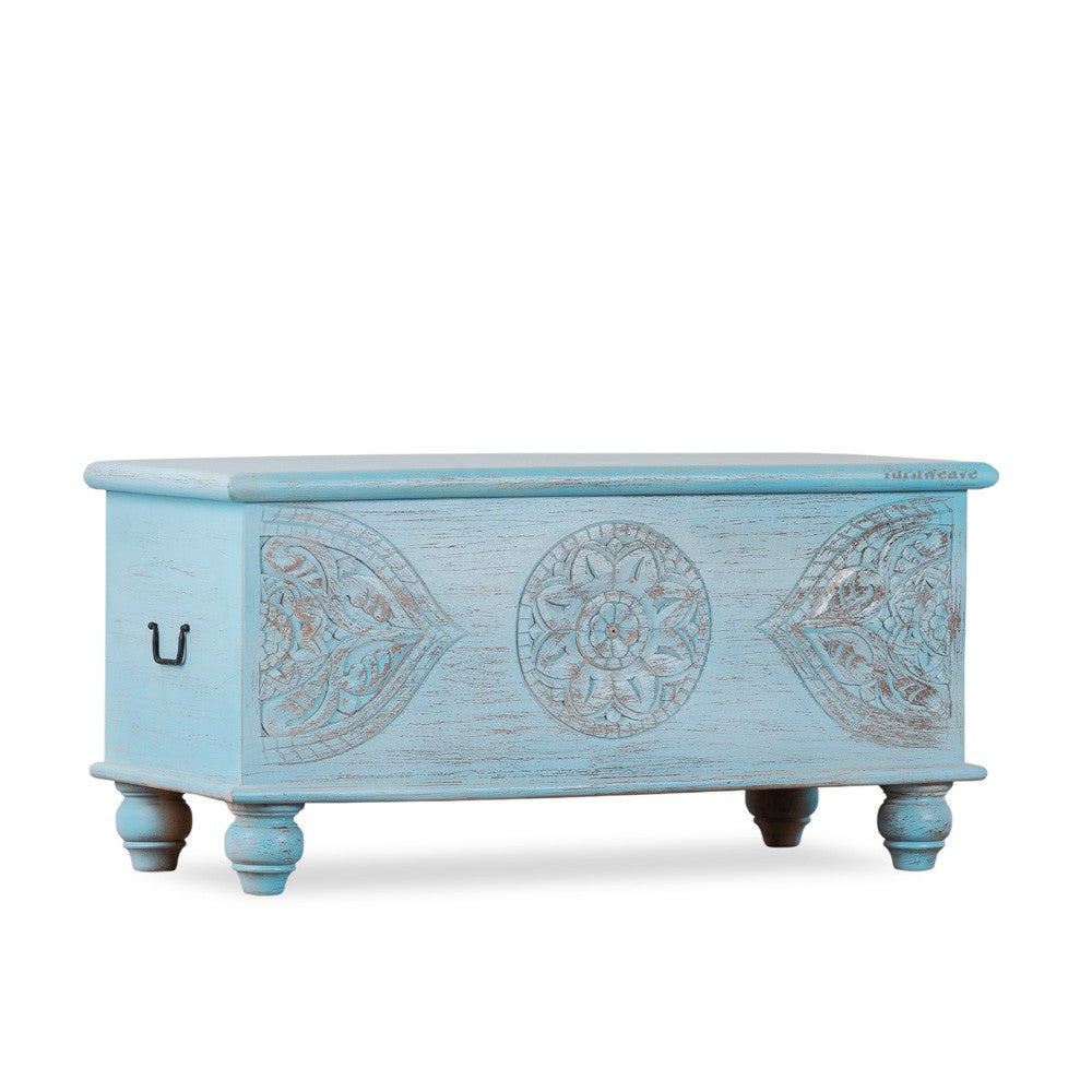 Devin Wooden Carved Storage Trunk Cum Coffee Table (LightBlue Distress)