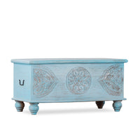 Devin Wooden Carved Storage Trunk Cum Coffee Table (LightBlue Distress)