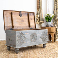 Devin Wooden Carved Storage Trunk Cum Coffee Table (Grey Distress)