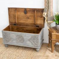 Devin Wooden Carved Storage Trunk Cum Coffee Table (Grey Distress)