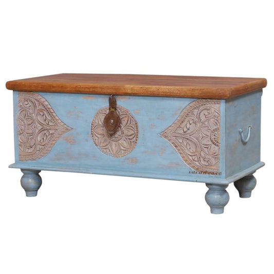 Devin Wooden Carved Storage Trunk Cum Coffee Table (Blue Distress)