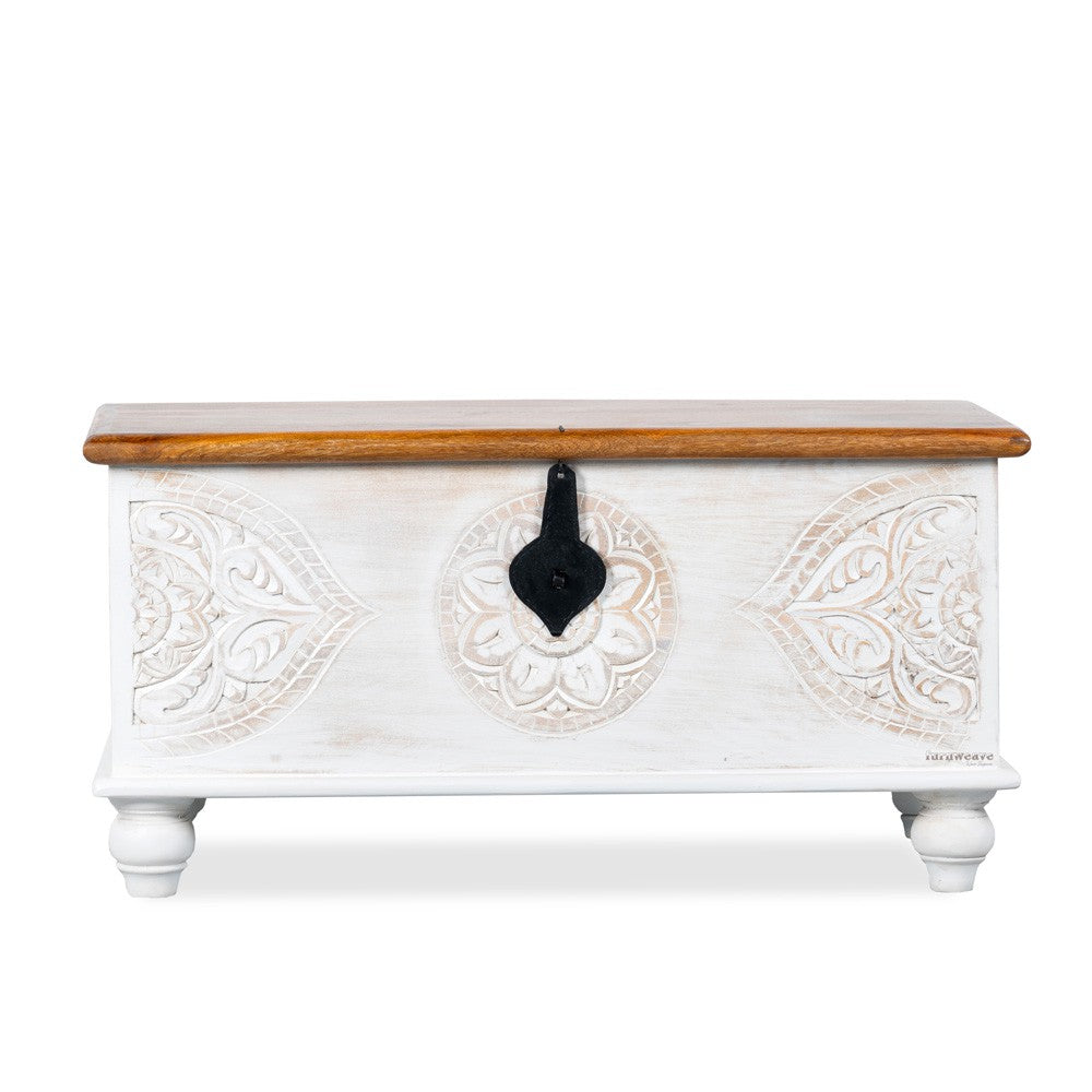 Devin Wooden Carved Storage Trunk Cum Coffee Table (White Distress)