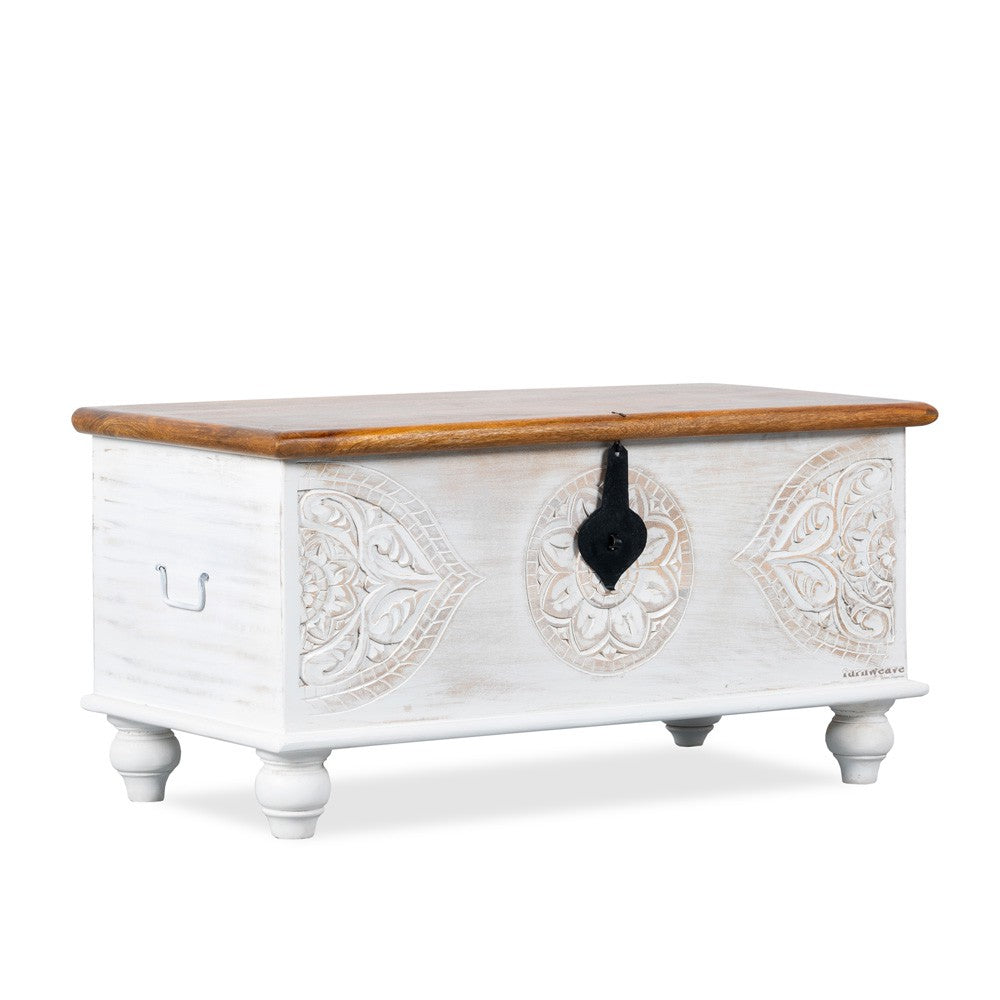 Devin Wooden Carved Storage Trunk Cum Coffee Table (White Distress)