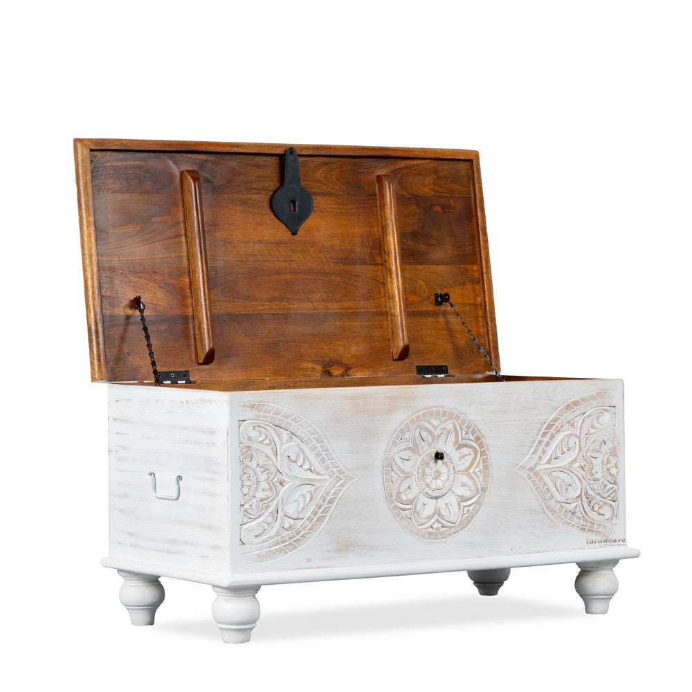 Devin Wooden Carved Storage Trunk Cum Coffee Table (White Distress)