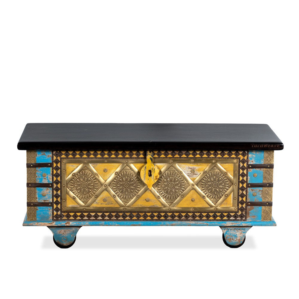 Funi Wooden Brass Fitted Trunk cum Coffee Table (Blue Distress)