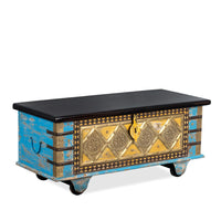 Funi Wooden Brass Fitted Trunk cum Coffee Table (Blue Distress)