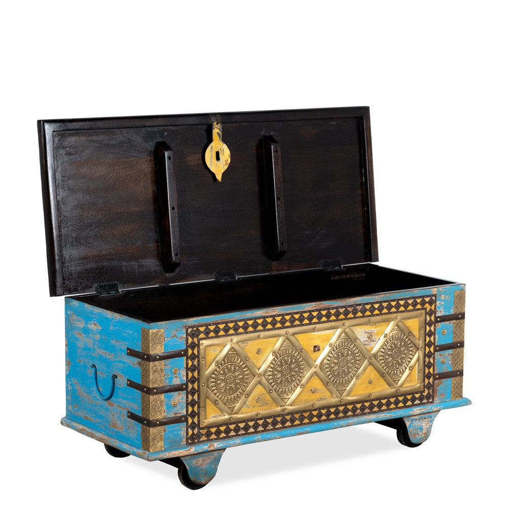 Funi Wooden Brass Fitted Trunk cum Coffee Table (Blue Distress)