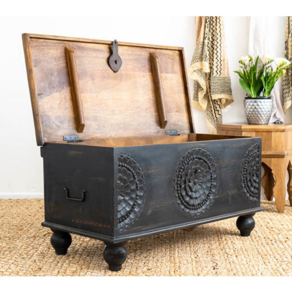 Rafi Wooden Storage Trunk cum Coffee Table (Black Distress)