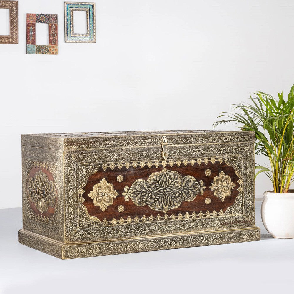 Hunika Wooden Brass Fitted Trunk Storage Pitara Coffee Table (Teak)