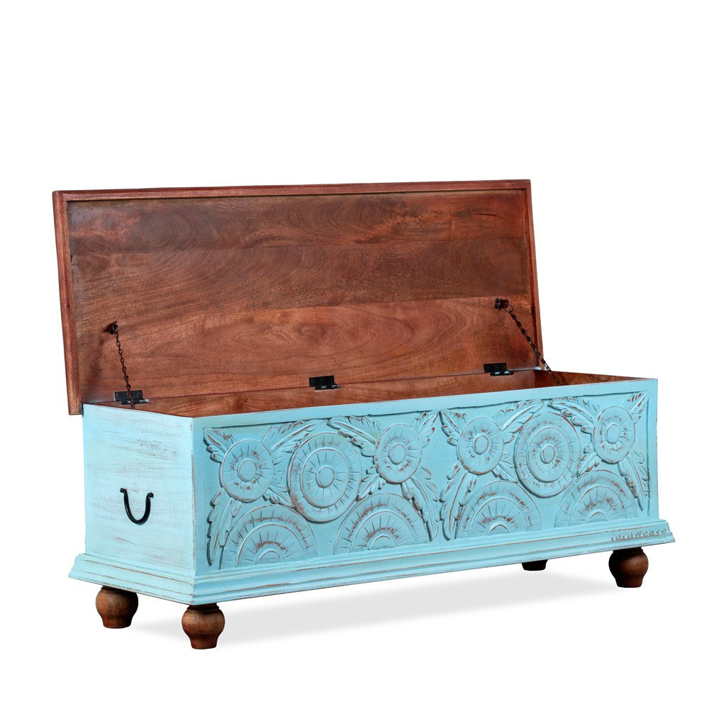 Revia Wooden Storage Trunk cum Coffee Table (Blue Distress)