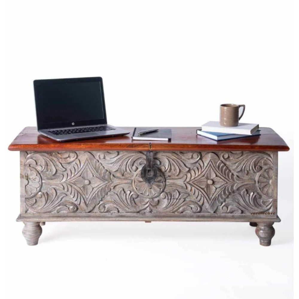 Sobero Wooden Carved Trunk Centre Table (Grey Distress)