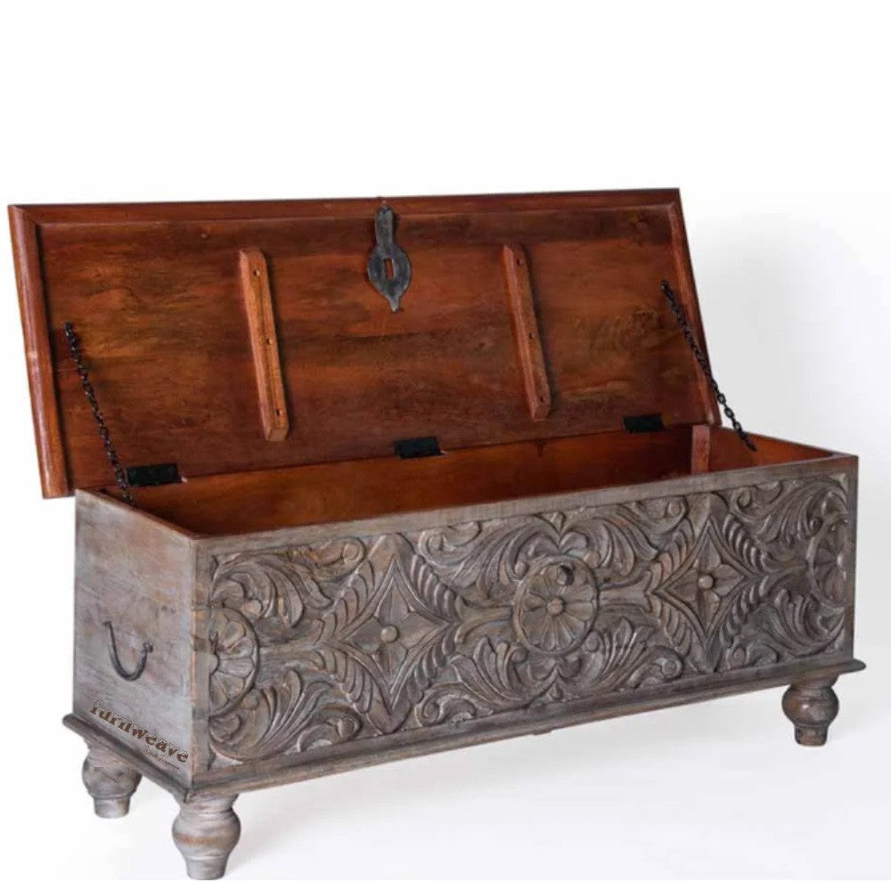 Sobero Wooden Carved Trunk Centre Table (Grey Distress)