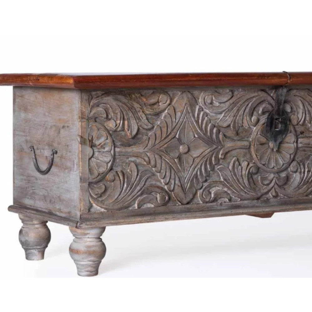 Sobero Wooden Carved Trunk Centre Table (Grey Distress)