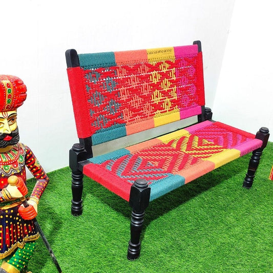 Srima Wooden Handwoven Backrest Bench (Colorful)