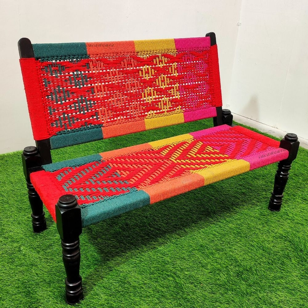 Srima Wooden Handwoven Backrest Bench (Colorful)